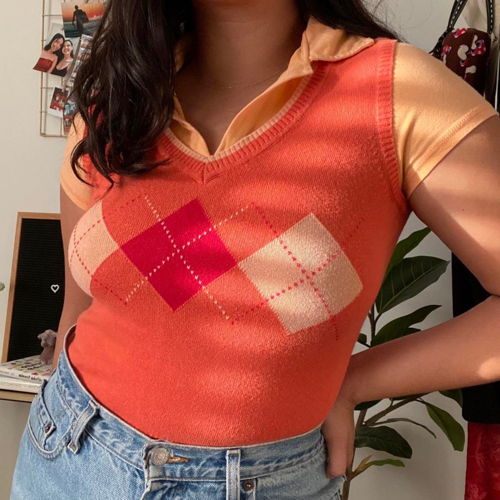 Orange argyle vest top